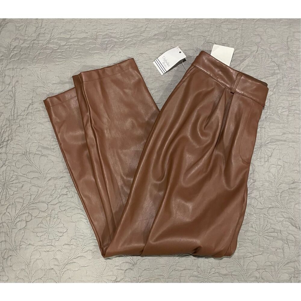 Ophelia Roe Faux Leather Brown Pants 14 High Rise Straight Leg New